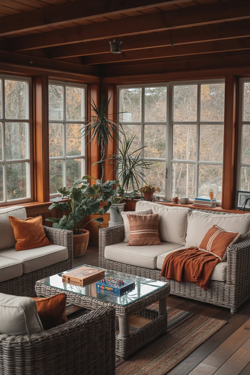 Sunroom with wicker furniture cream cushions orange throws and board games overlooking autumn forest