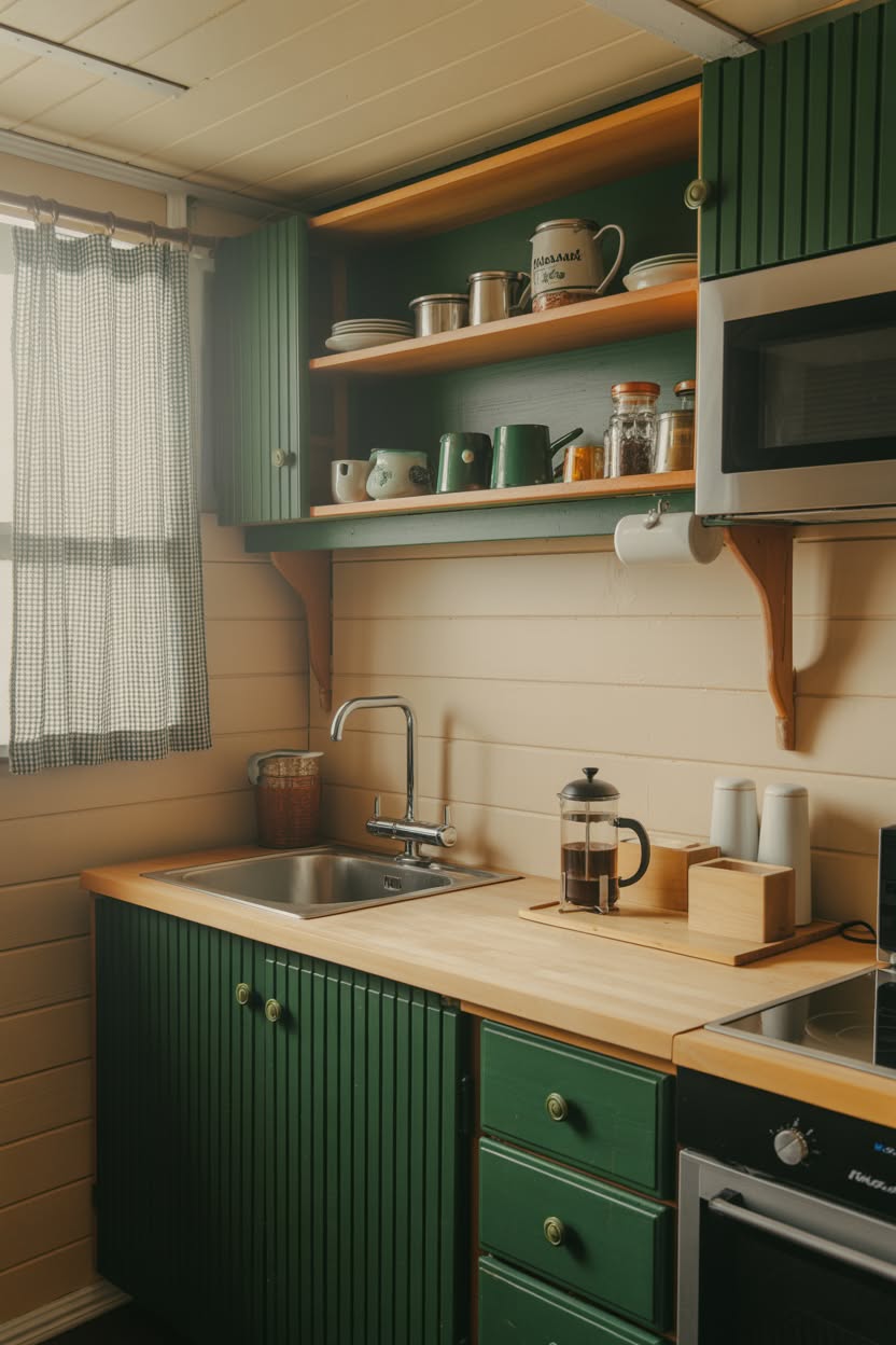 Small cabin kitchen with hunter green beadboard cabinets open shelving and gingham curtains