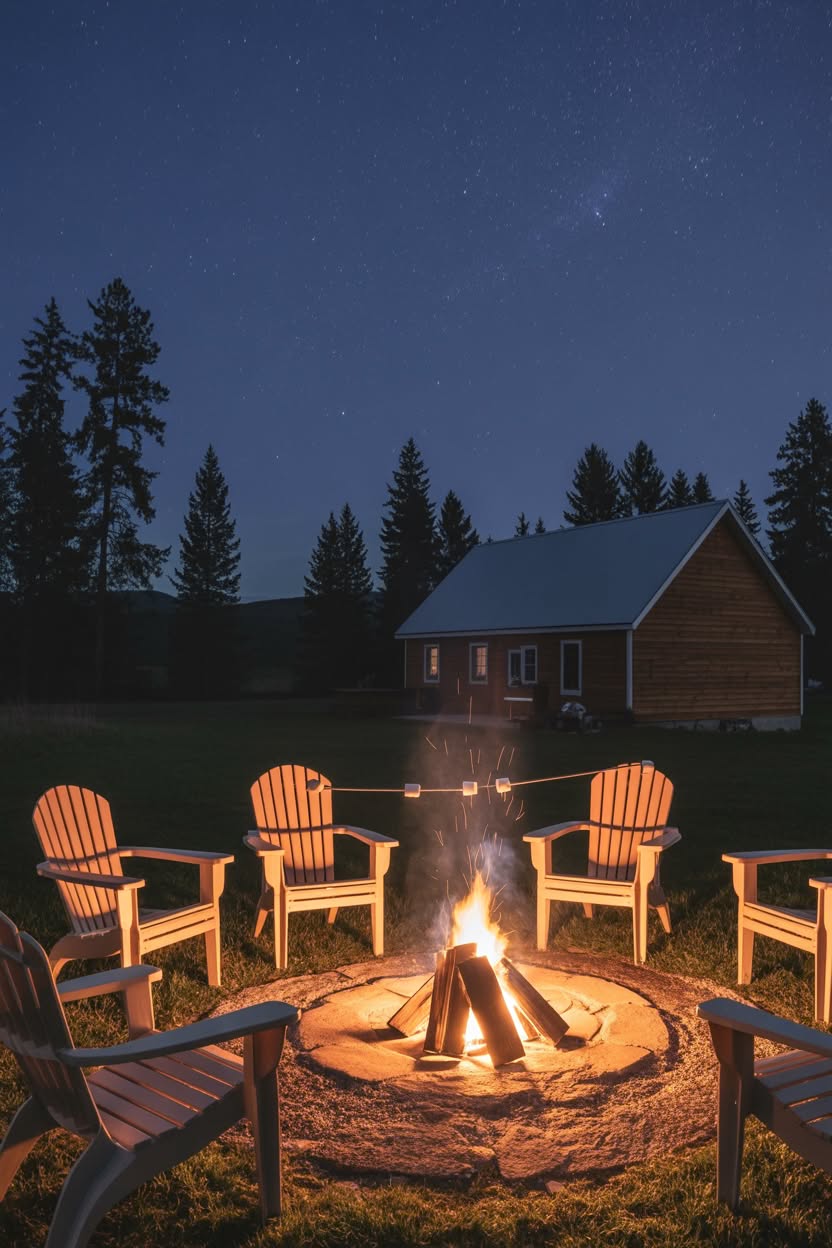 Adirondack chairs around stone fire pit roasting marshmallows under starry sky with cabin in background
