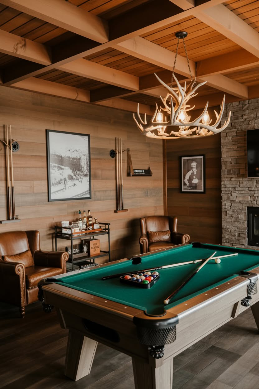 Cabin game room with green felt pool table antler chandelier leather chairs and bar cart