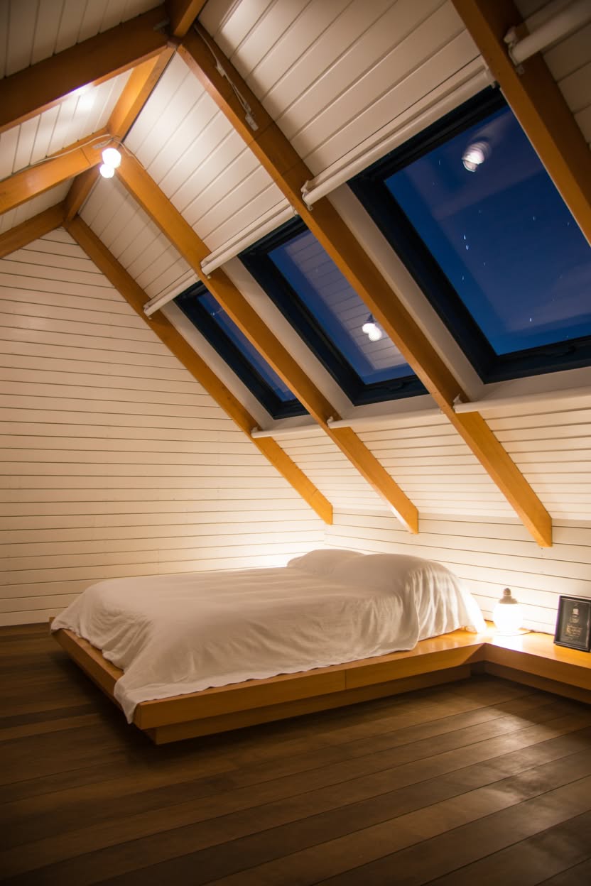 Loft bedroom with platform mattress on floor skylights showing night sky and white shiplap walls