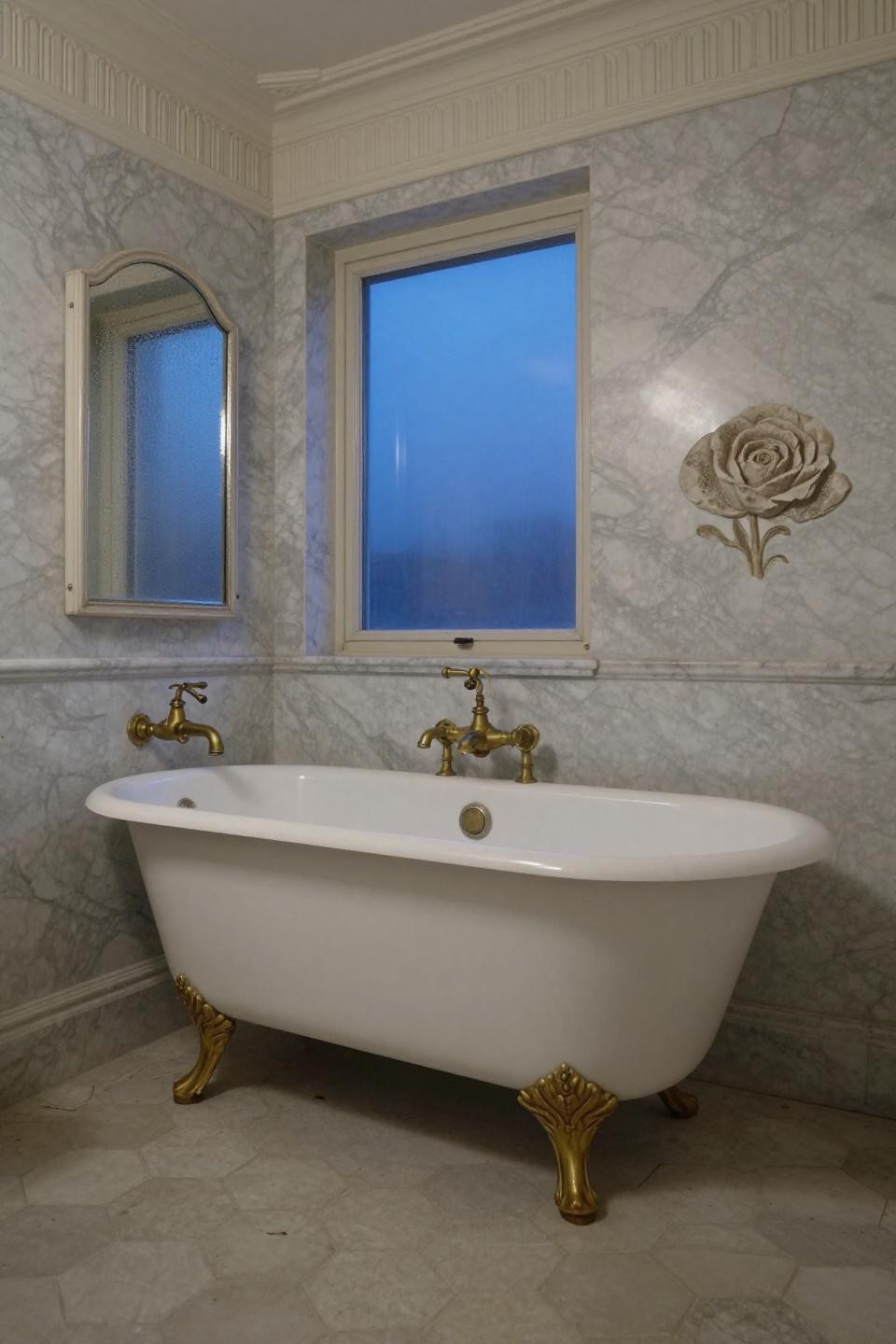 vintage bathroom 1920s ornate clawfoot tub with unlacquered brass fixtures and carrara marble walls in blue morning light