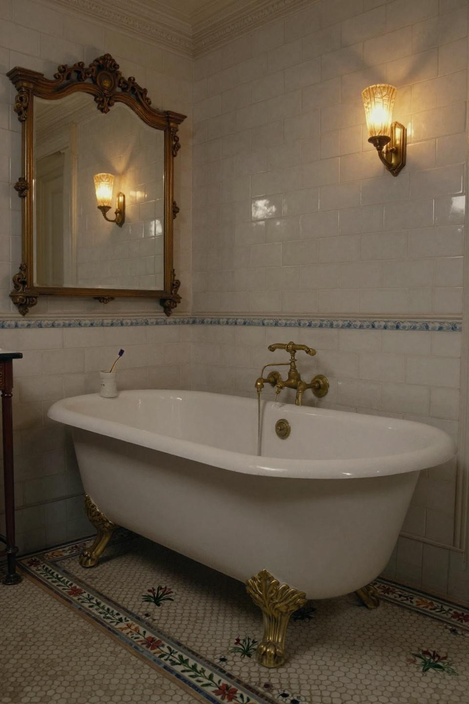 vintage bathroom with 1920s clawfoot tub and unlacquered brass fixtures against original subway tile walls