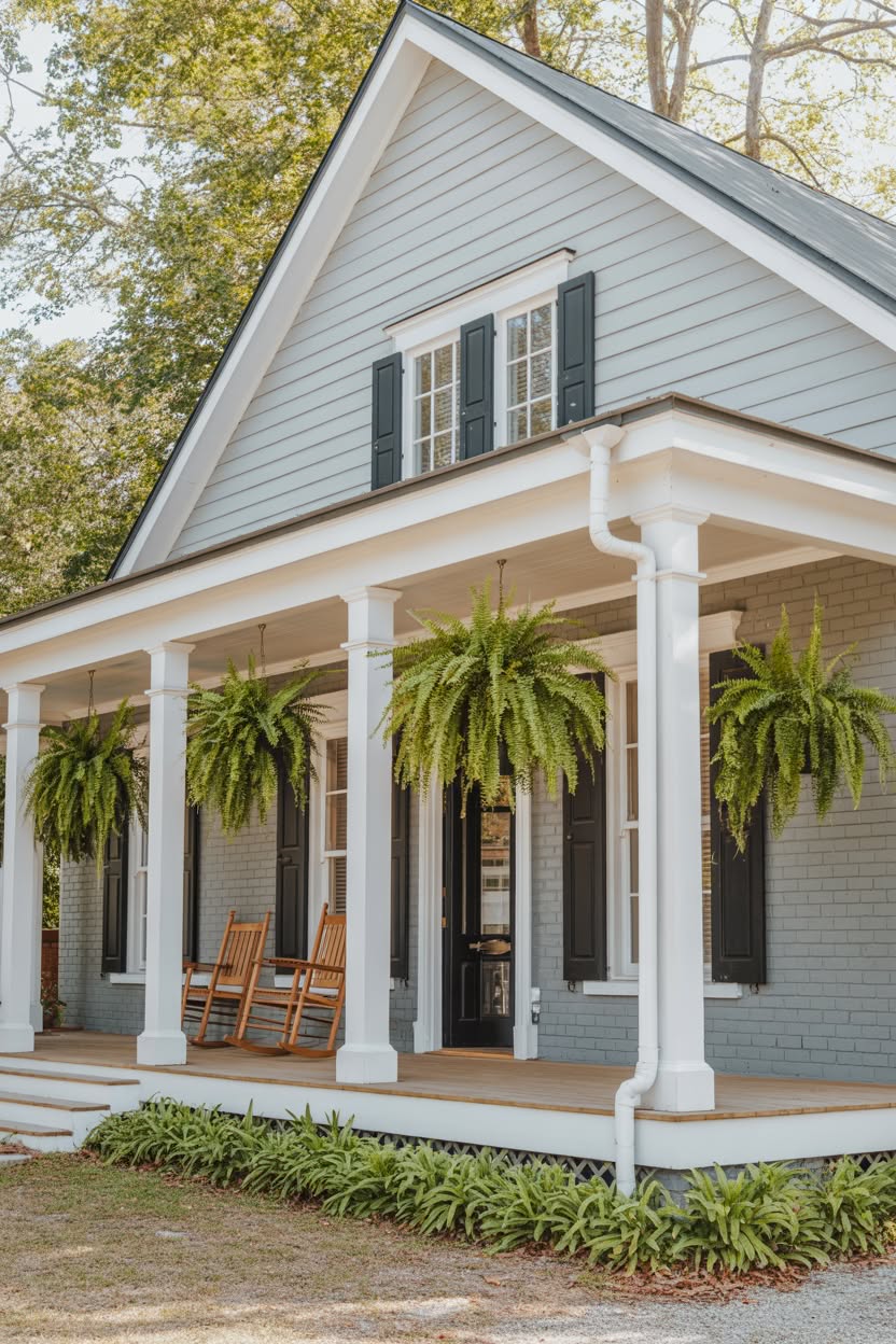 Southern cottage with gray painted brick exterior white columns wrap around porch and hanging fern baskets