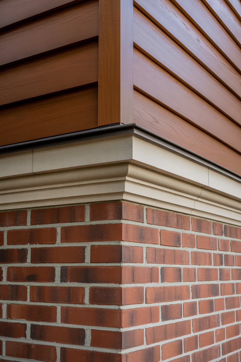 Close-up architectural detail showing red brick base with cream trim transitioning to warm brown horizontal wood siding