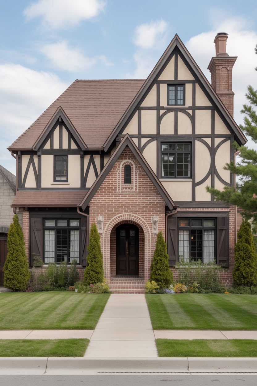 Classic Tudor style home with red brick lower level cream stucco and dark brown decorative half-timbering on upper level