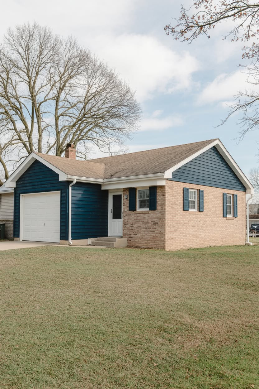 Ranch style home with tan brick front and bold navy blue horizontal siding on garage with matching shutters