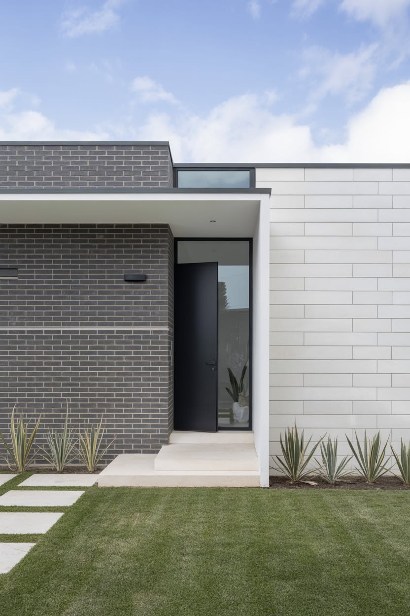 Modern contemporary home with charcoal gray brick and white large format panel siding with minimalist black front door