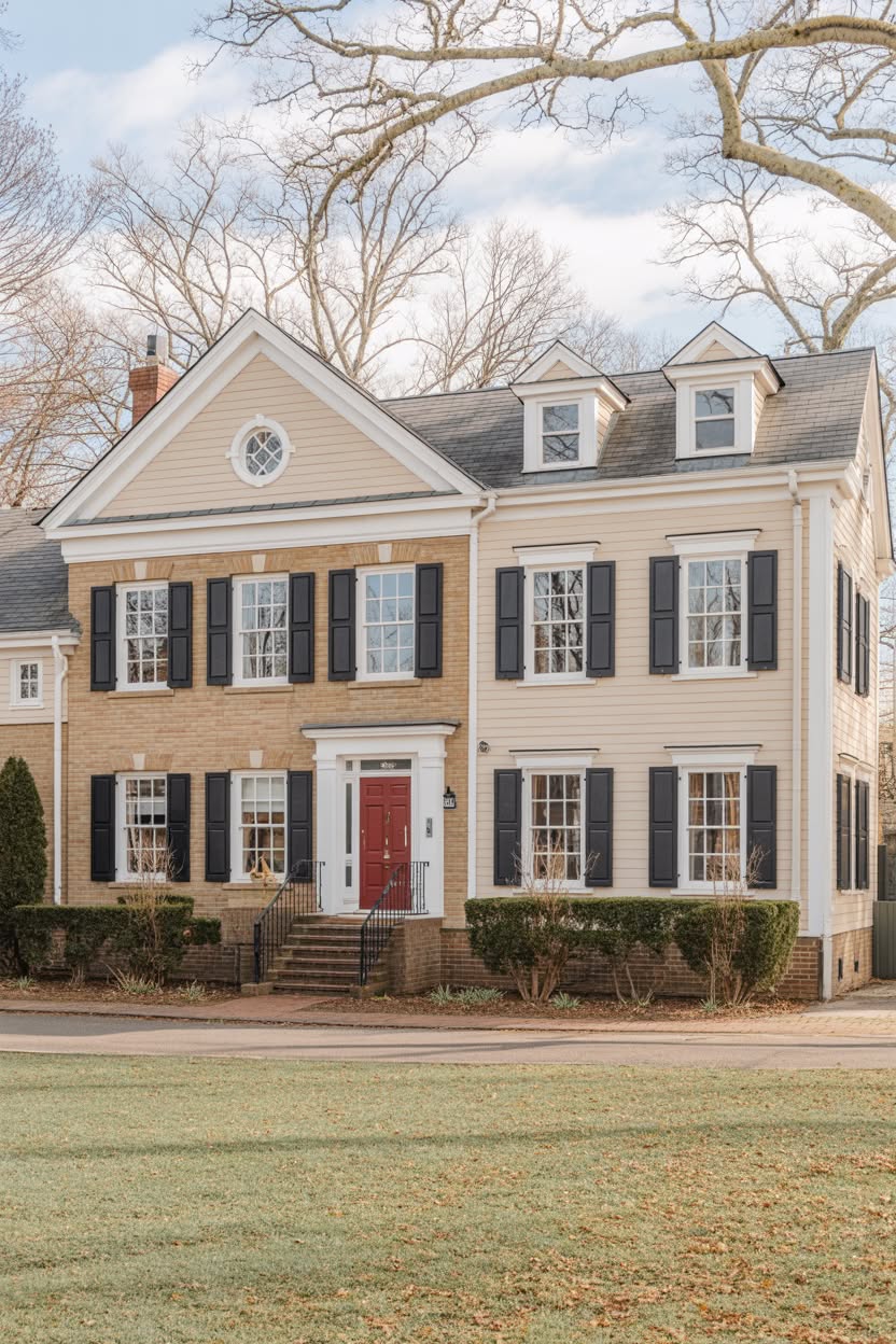 Traditional Colonial home with tan brick lower facade cream horizontal clapboard siding black shutters and red front door