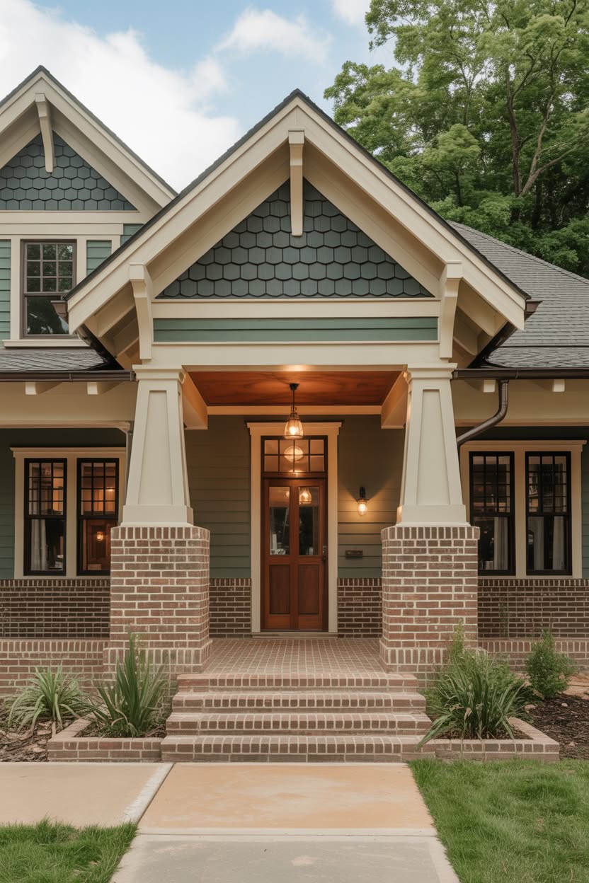 Craftsman style home with variegated brick base tapered columns green horizontal siding and decorative fish scale shingles in gable