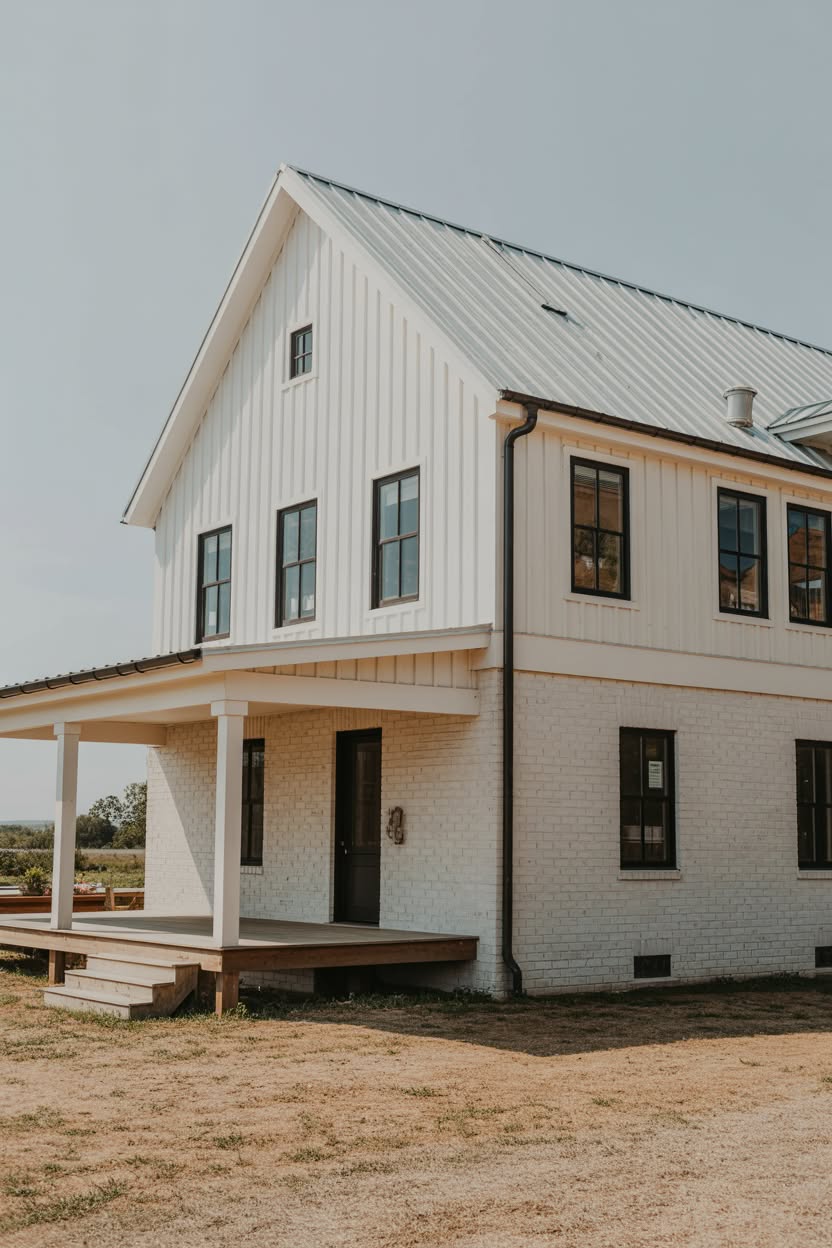 Modern farmhouse with white painted brick lower level and white vertical board and batten siding upper gable with metal roof and wraparound porch