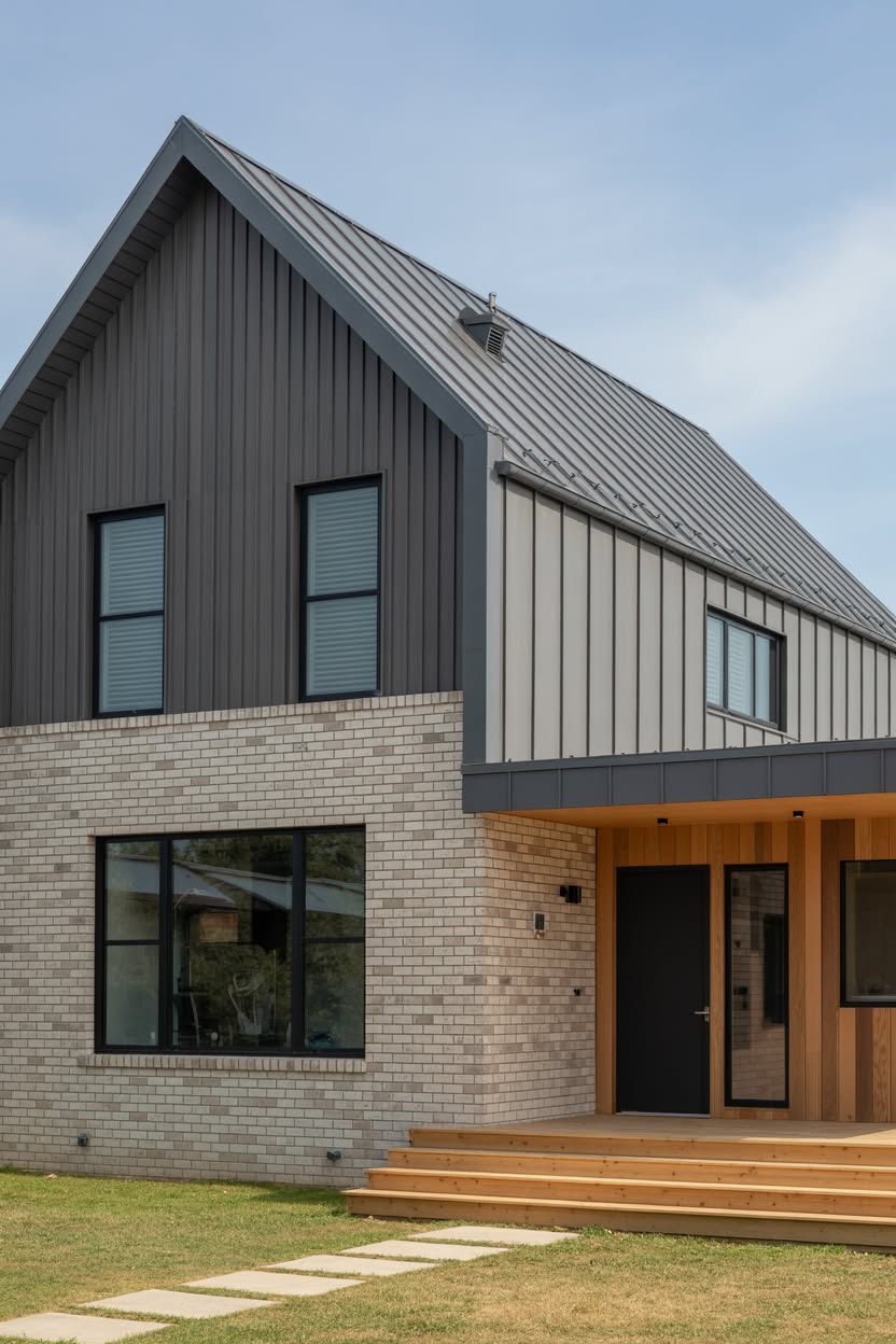 Contemporary modern home with light gray brick lower level charcoal and cream vertical metal siding upper level natural wood entry deck