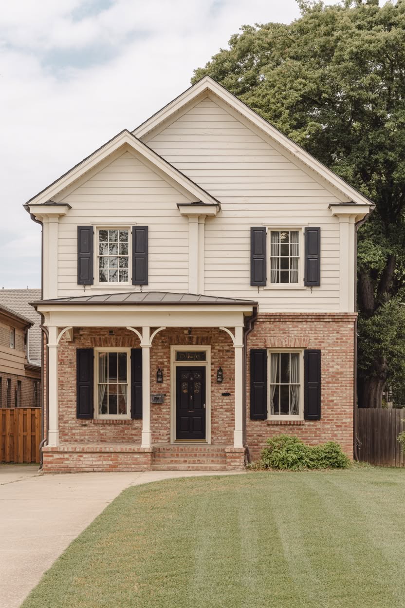 Classic Southern Colonial two-story home with red brick first floor cream horizontal siding second floor black shutters and covered entry porch