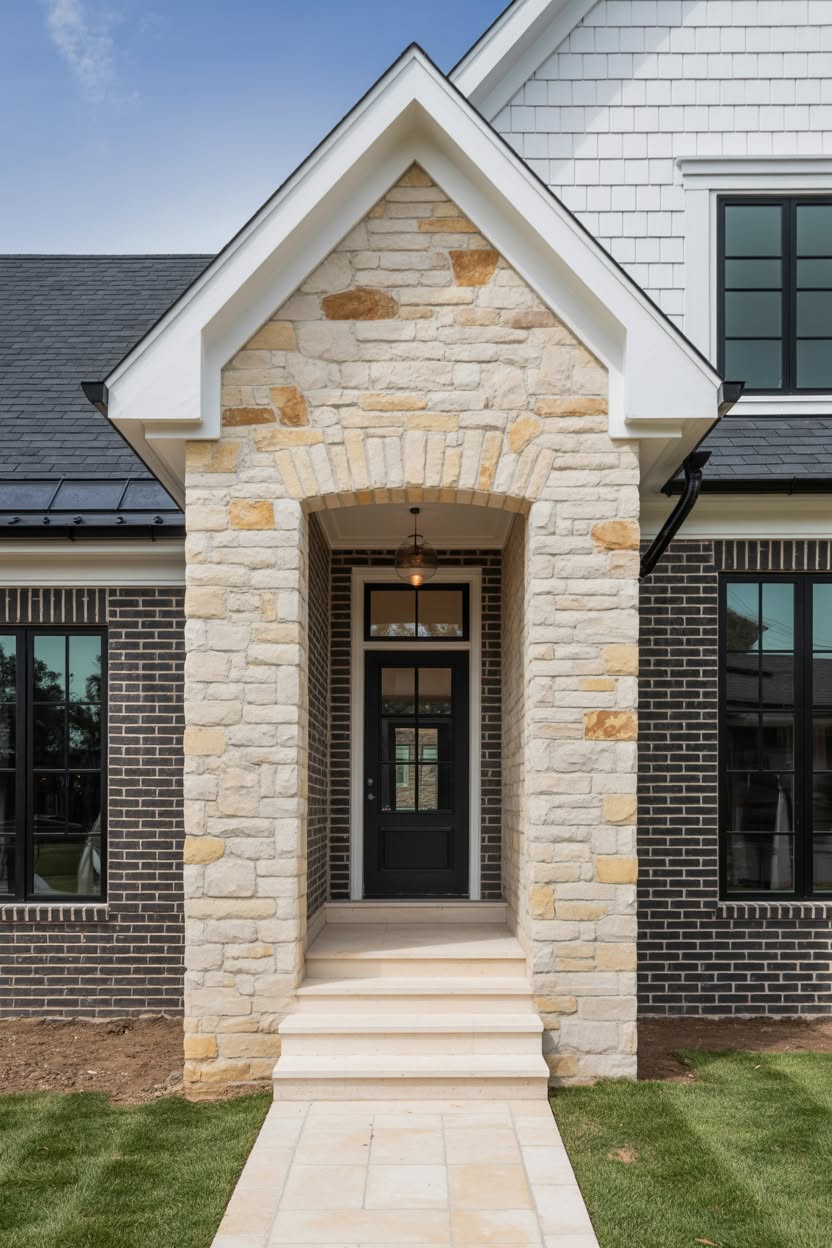Elegant home exterior featuring cream stone arched entryway with dark charcoal brick and white shingle siding