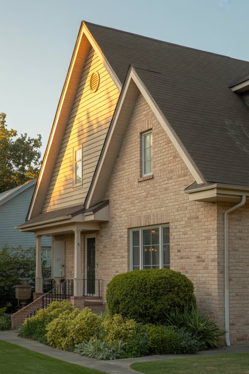 Traditional tan brick home with golden horizontal siding in gable and covered front porch