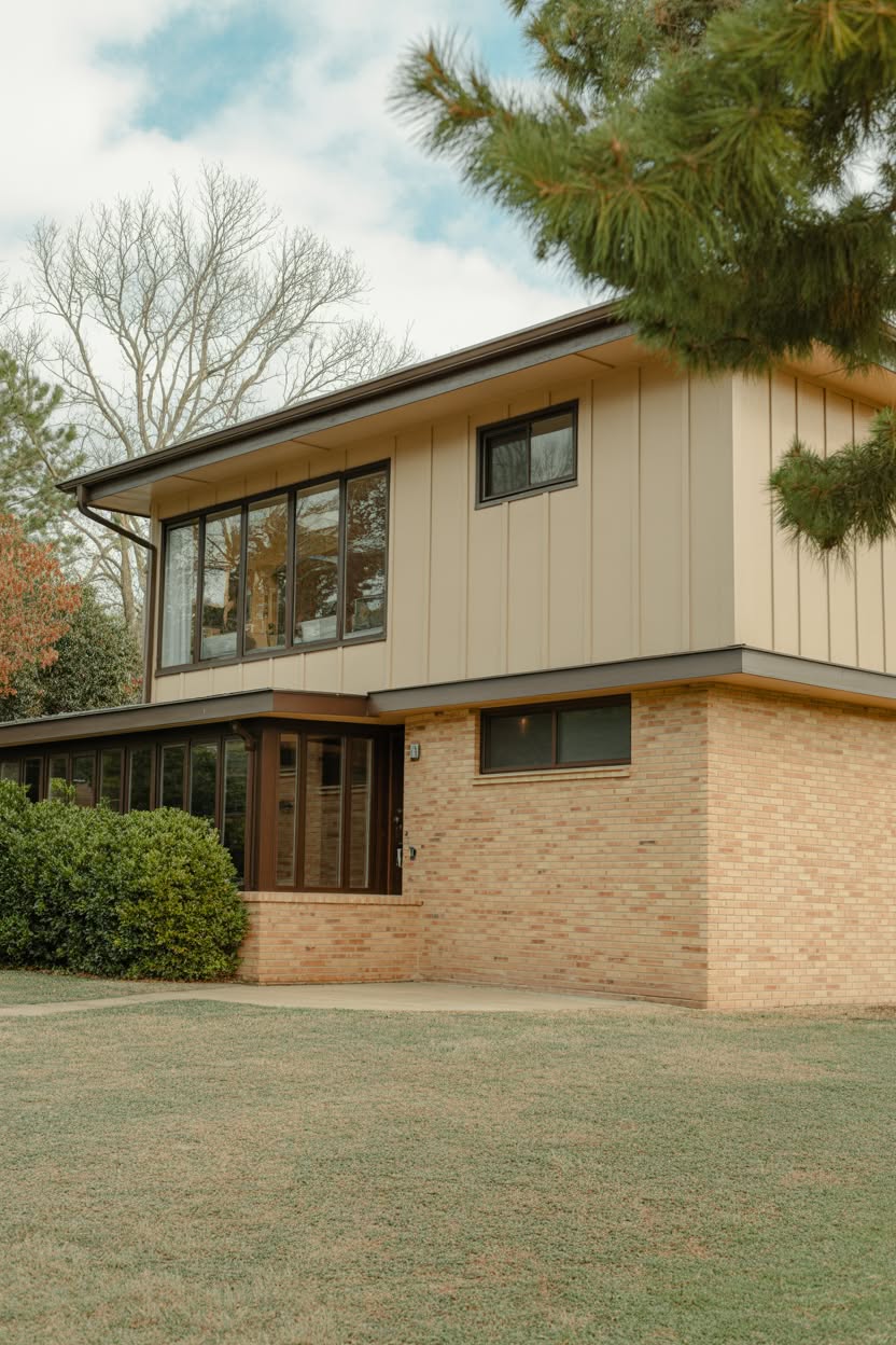 Mid-century modern two-story home with tan brick lower level and cream vertical board and batten siding upper level