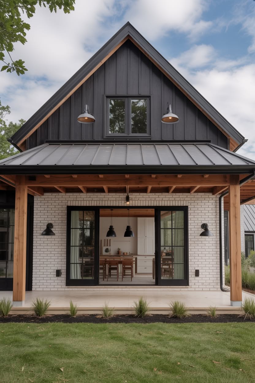 Modern farmhouse with white painted brick lower level and charcoal board and batten siding in gable with natural wood timber posts