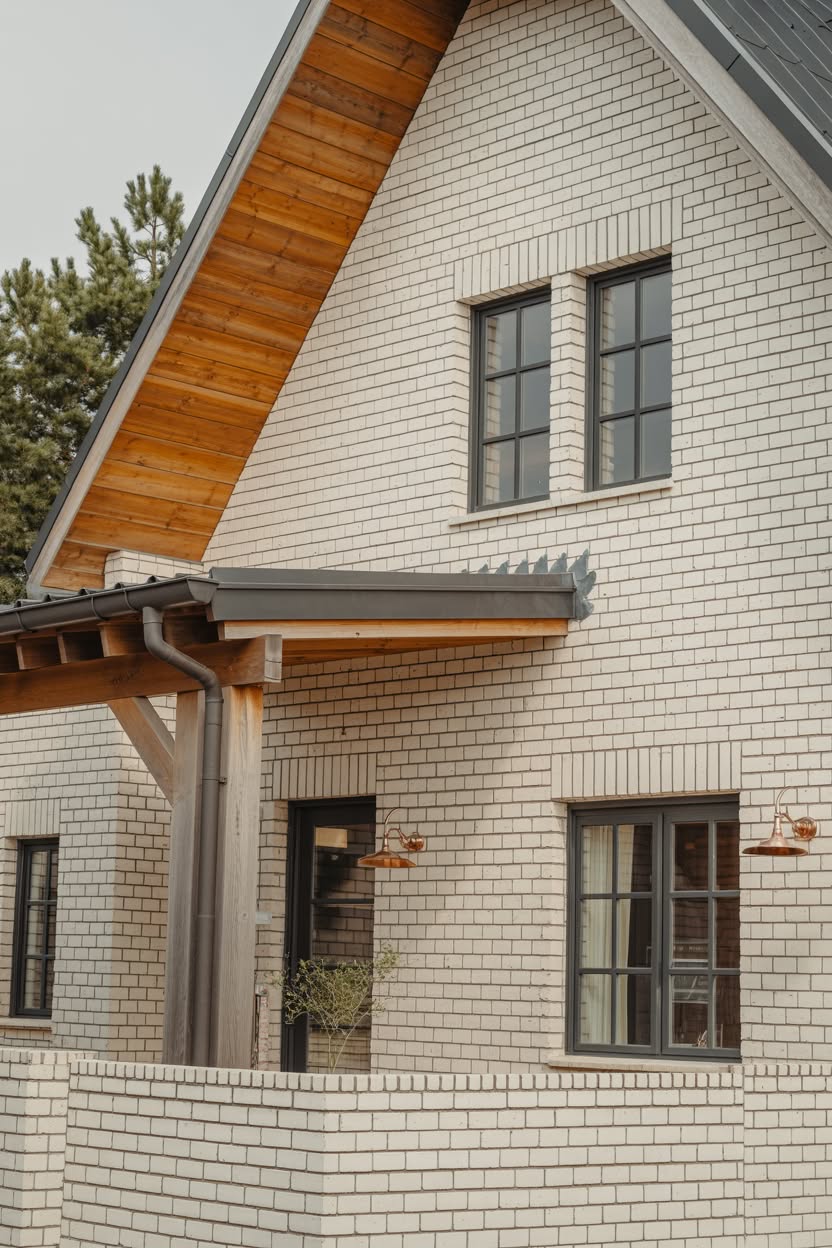 Modern farmhouse white painted brick exterior with wood ceiling overhang and copper barn lights