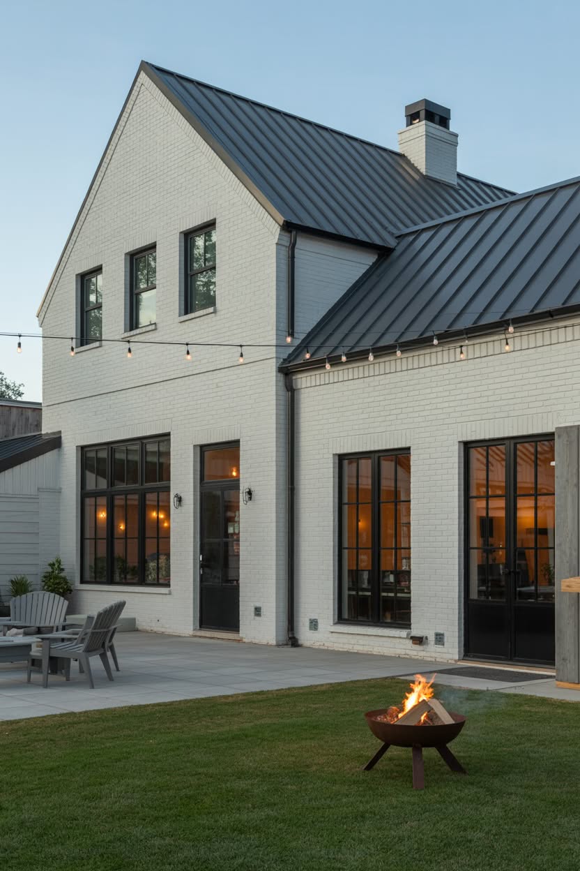 White painted brick modern farmhouse at dusk with metal roof string lights fire pit and patio