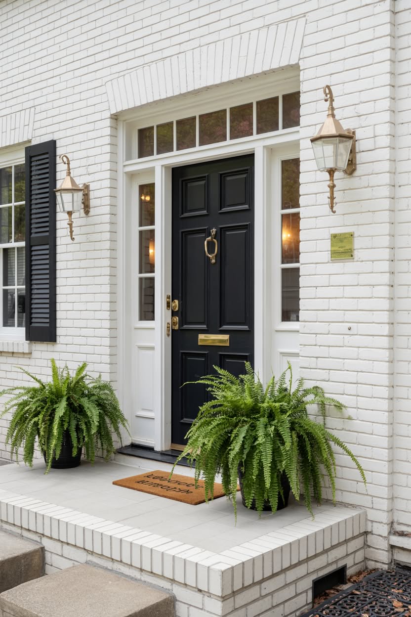 White painted brick entry with black door brass hardware transom window and Boston ferns