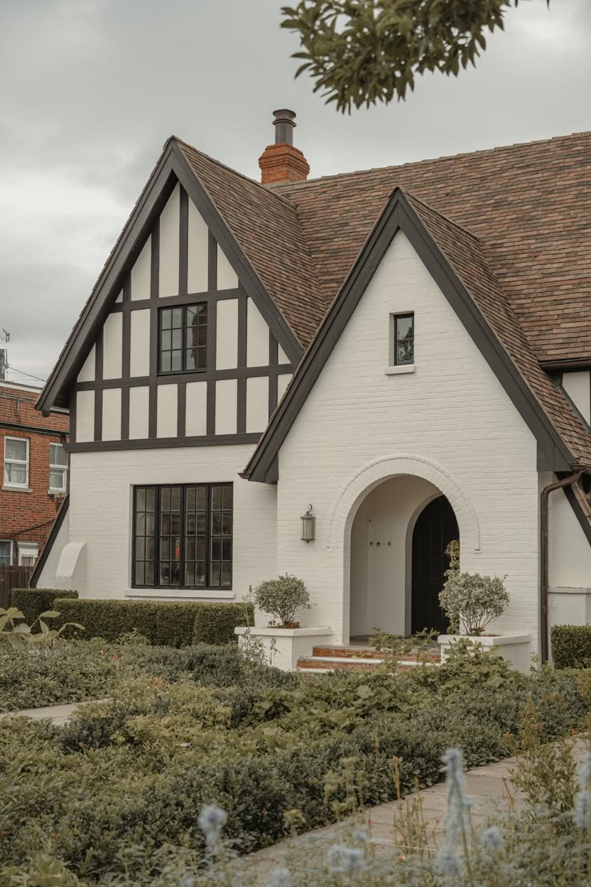 White painted brick Tudor style home with dark timber frame details steep gables arched entry
