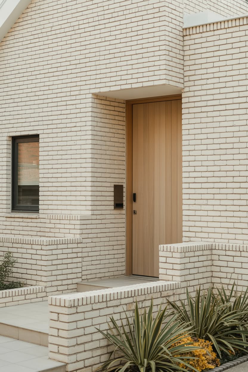 Contemporary minimalist white brick house with natural wood door clean lines yucca landscaping