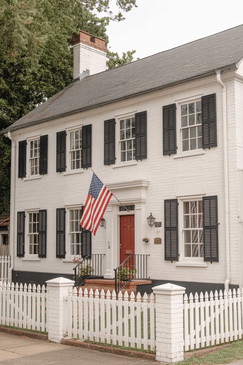 Classic Colonial white painted brick house with black shutters red door American flag white picket fence