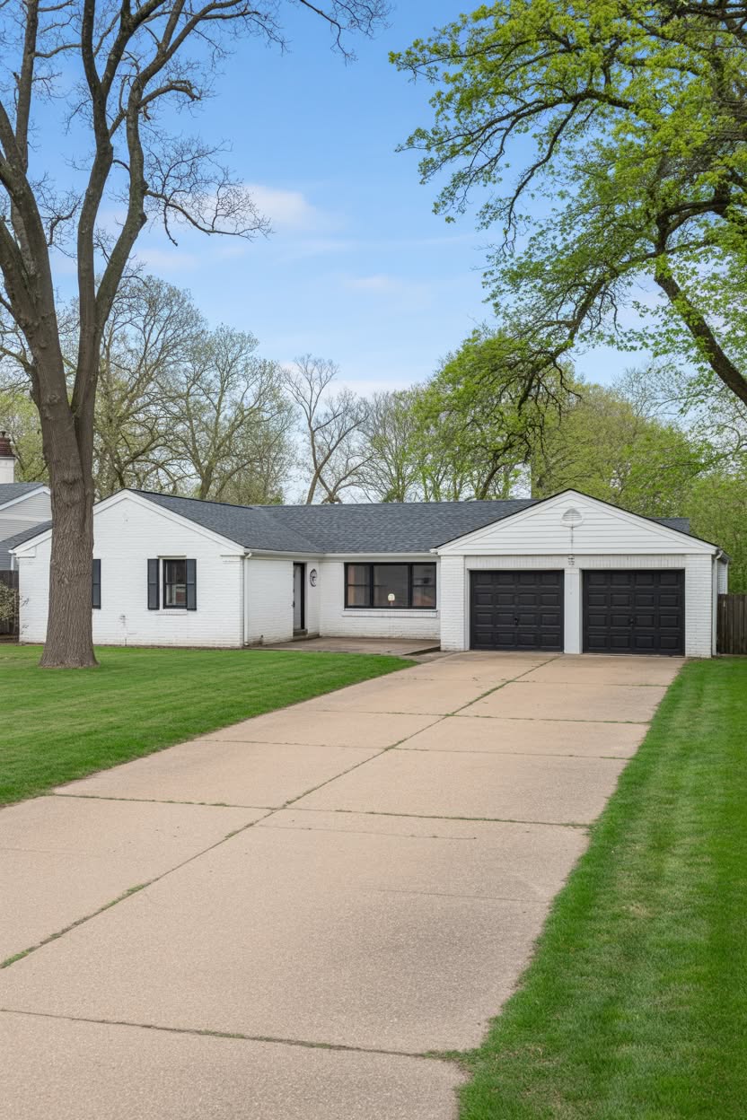 White painted brick ranch house with black garage doors black windows long driveway mature trees