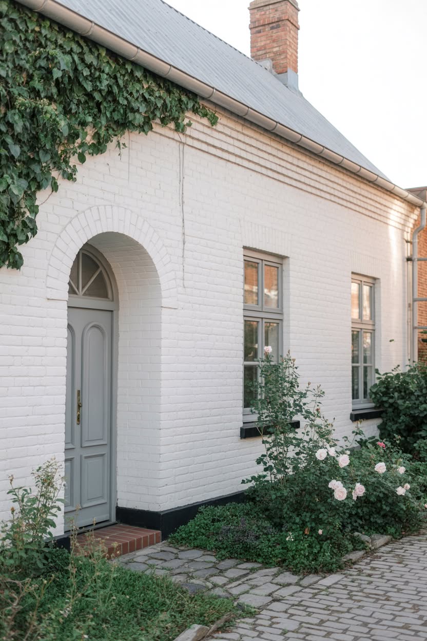 European white painted brick cottage with arched doorway gray door climbing ivy roses cobblestone