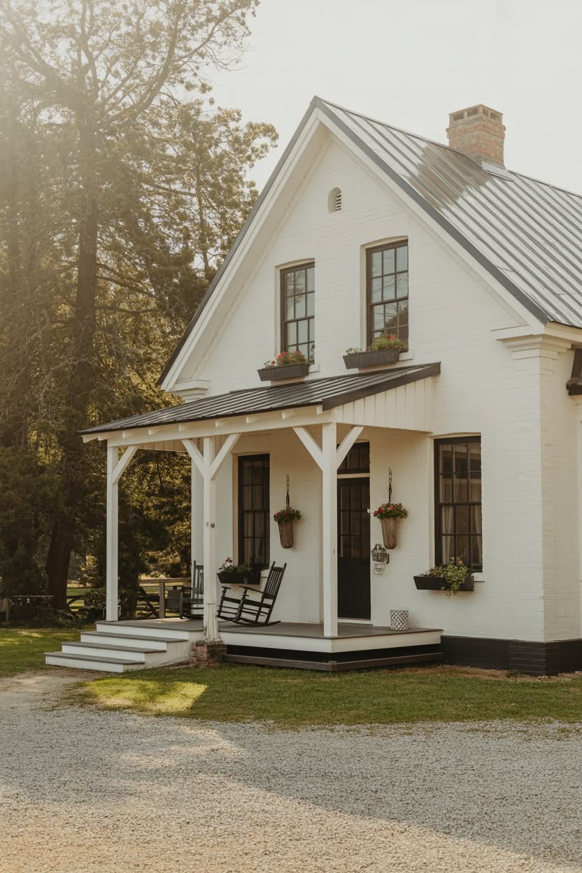 White painted brick farmhouse with covered front porch rocking chairs metal roof hanging baskets
