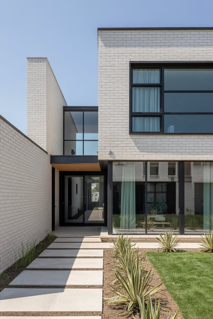 Ultra-modern white brick house with floor-to-ceiling black framed windows geometric design stepping stones