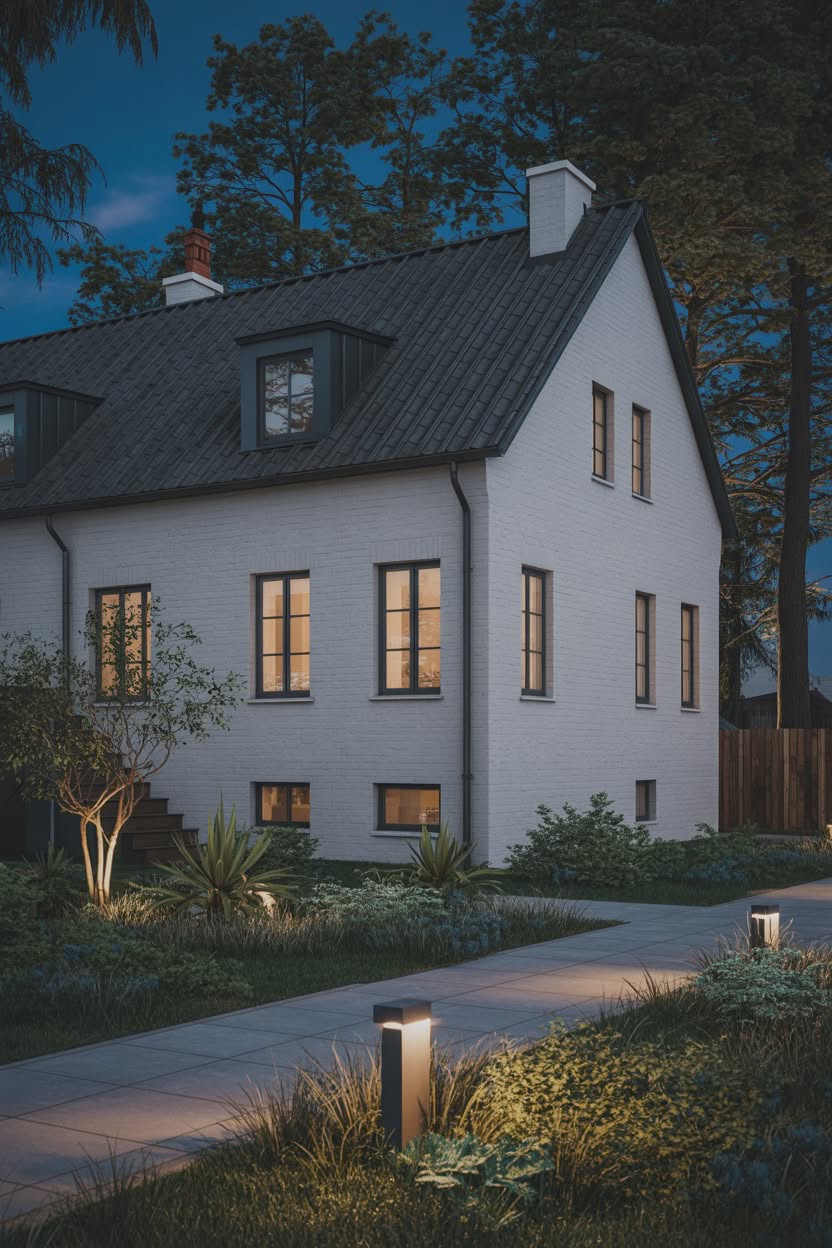 White painted brick Scandinavian style house at dusk with pathway lighting and landscaped garden