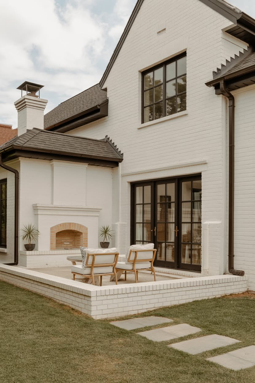 White painted brick house with outdoor patio fireplace and modern wooden furniture