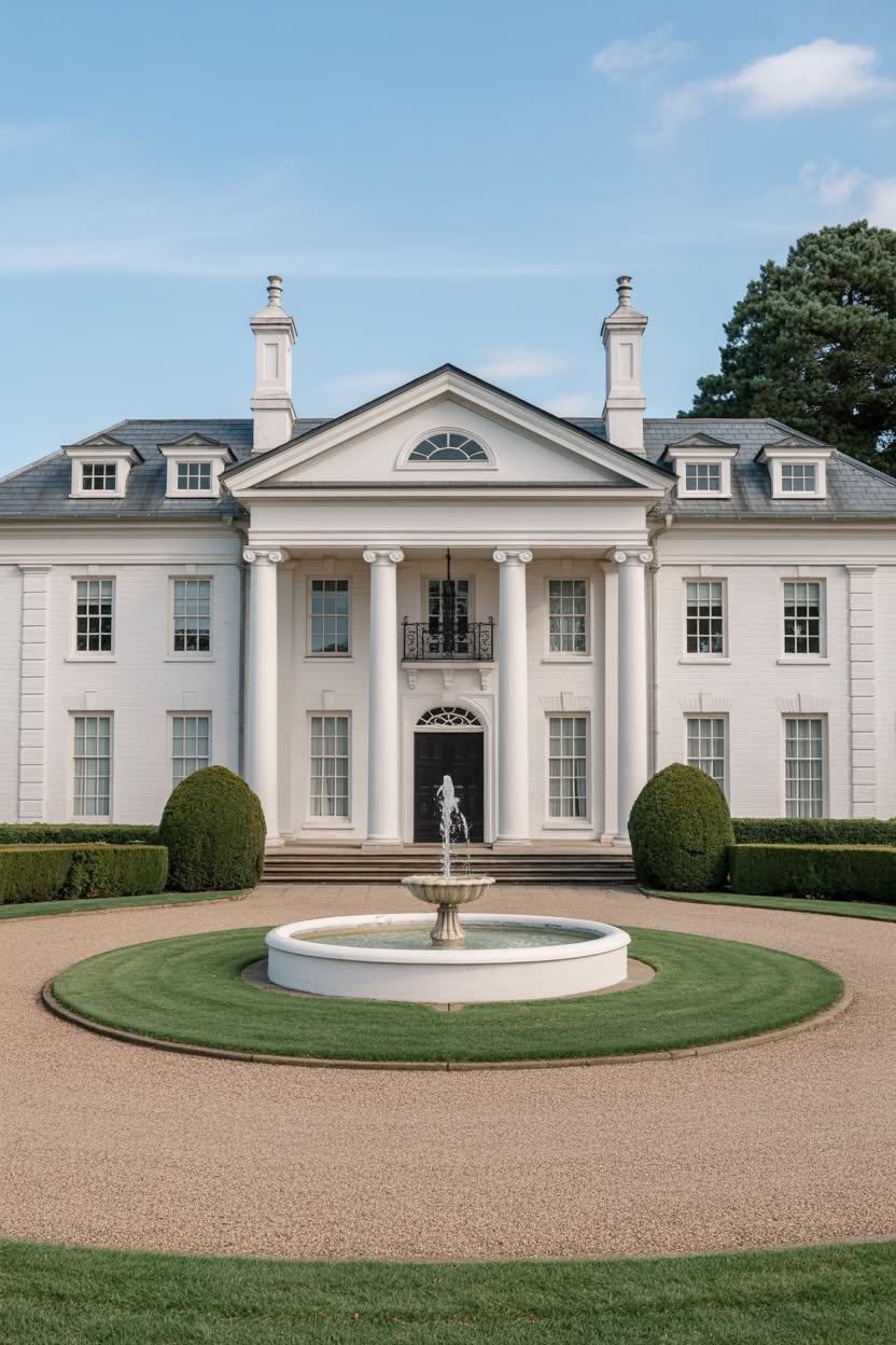 Grand white painted brick Georgian mansion with columns fountain and circular driveway
