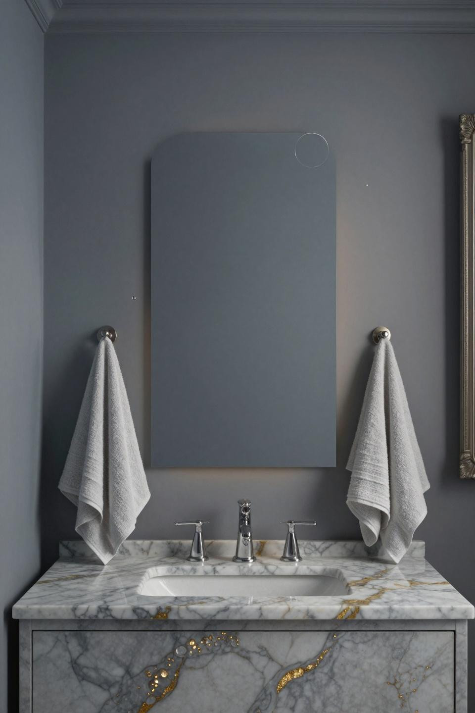 aegean depths slate-twilight bathroom paint with ombre transition to warm dove grey and calacatta marble vanity