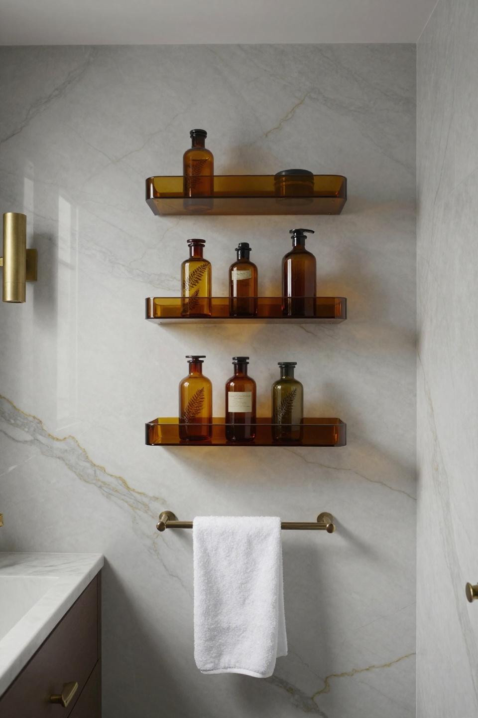 minimalist bathroom wall decor with hand-blown amber murano glass floating shelves and calacatta marble