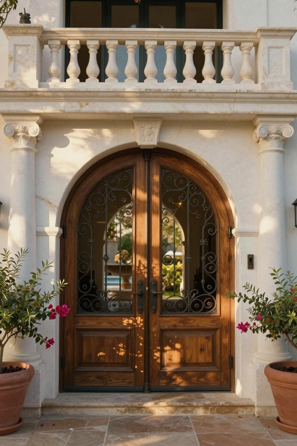 arched double entry doors with hand-carved mahogany and wrought iron scrollwork in mediterranean revival estate