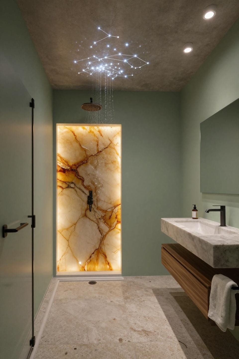 ensuite bathroom backlit onyx shower wall glowing amber sage green accent floating walnut vanity travertine floors