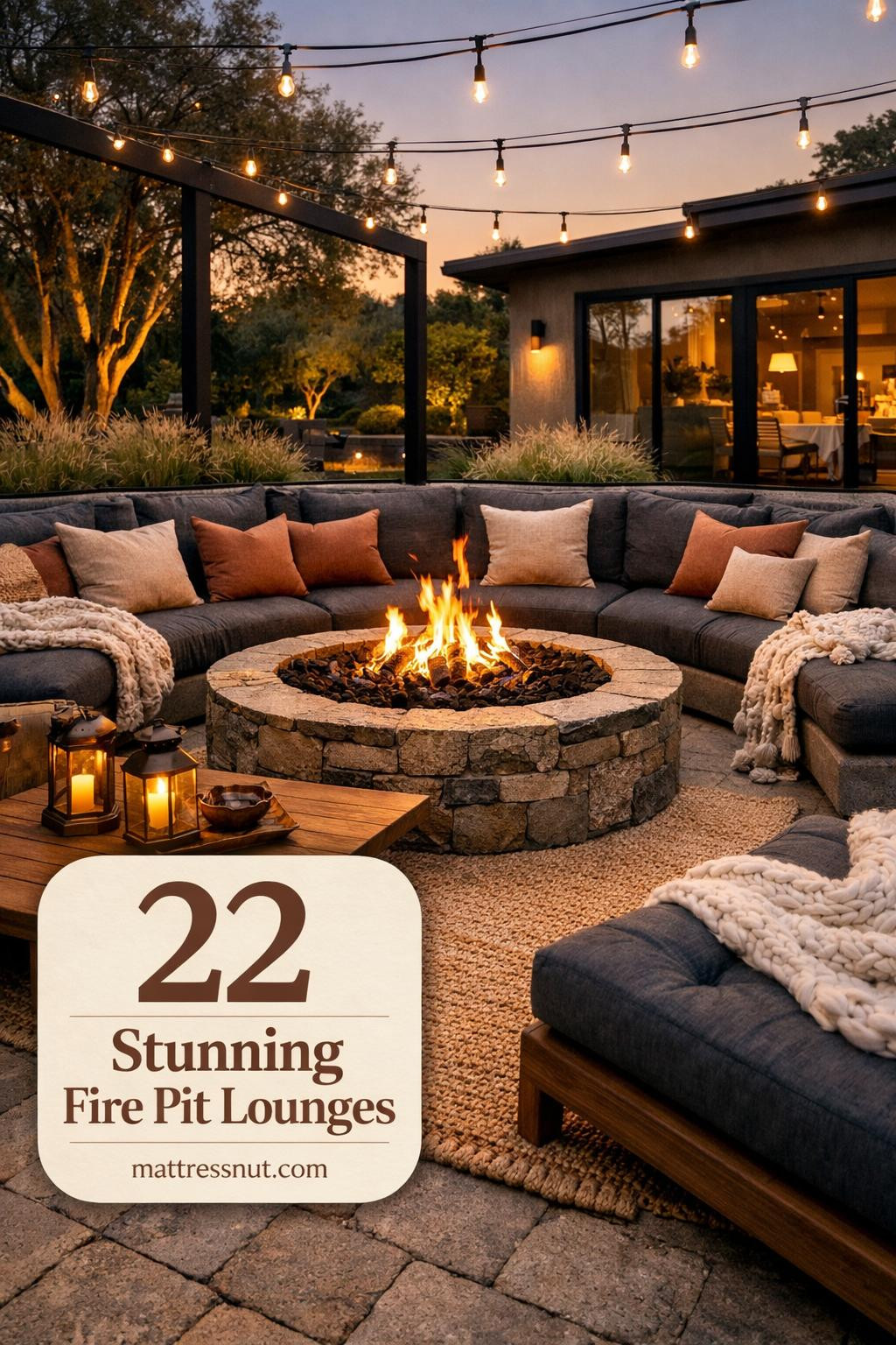 Outdoor fire pit surrounded by comfortable lounge chairs and sofas creating an inviting gathering space in backyard