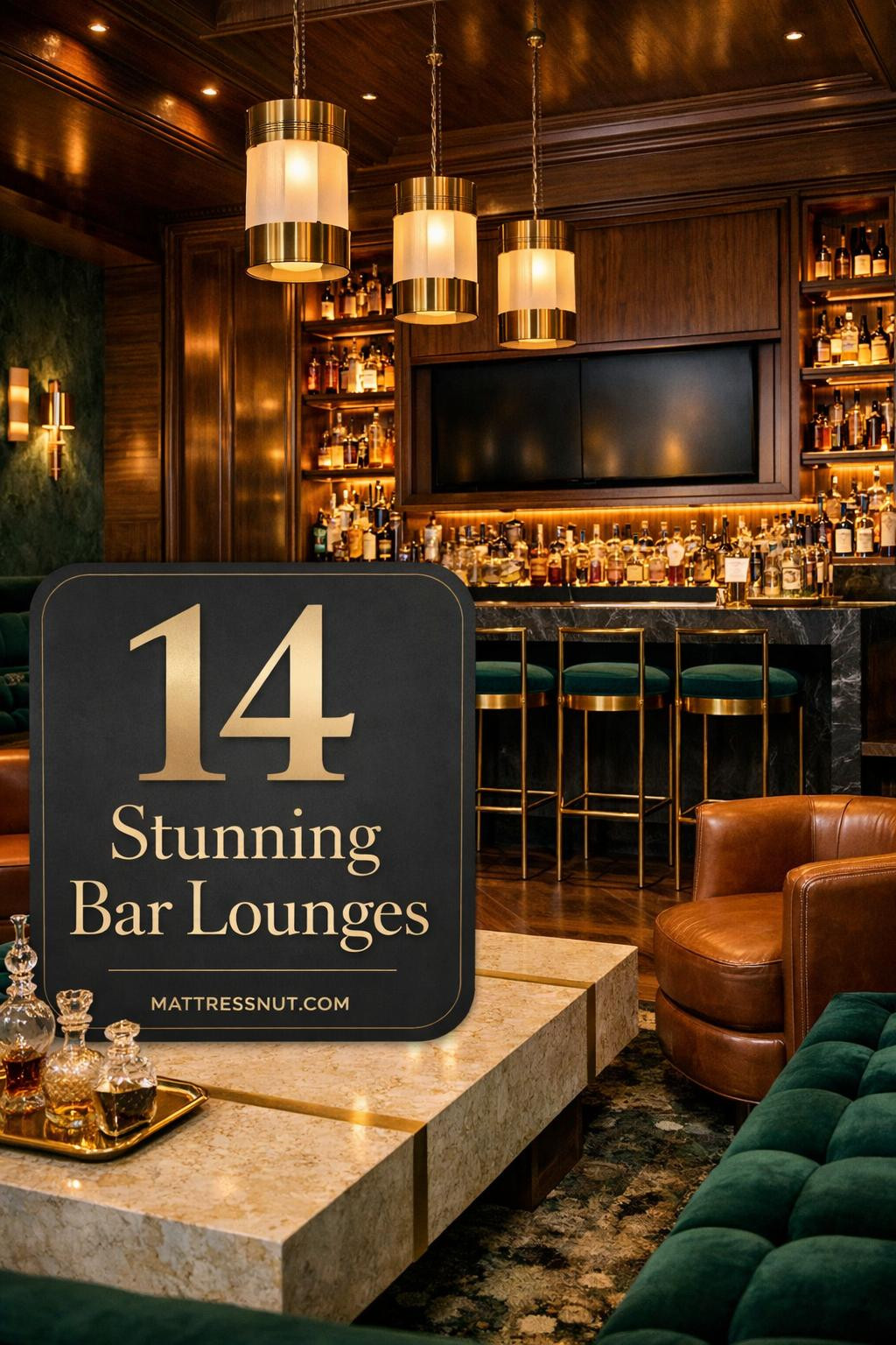 Sophisticated home bar lounge featuring plush velvet chairs, dark wood shelving with whiskey bottles, and integrated wall TV
