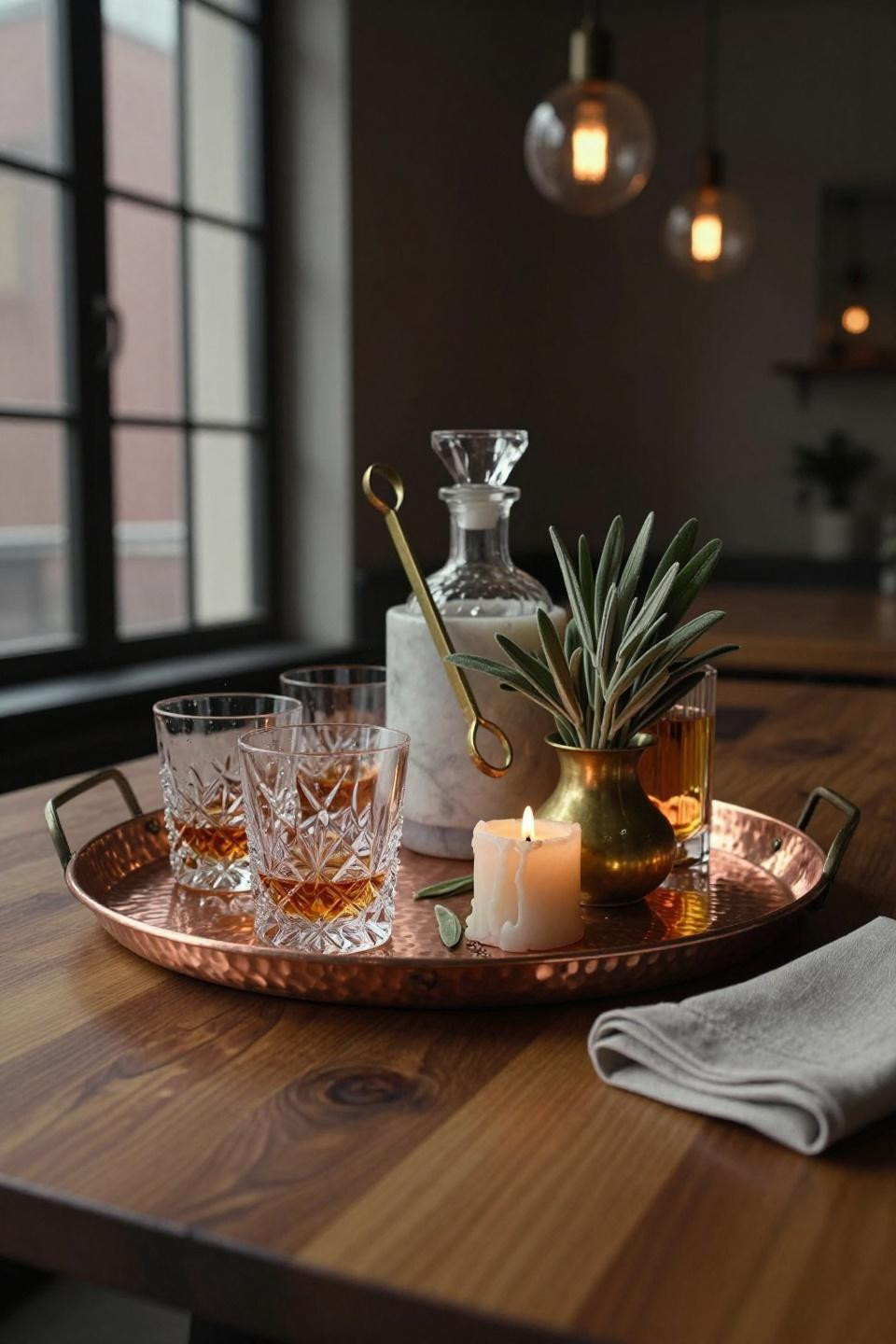 hammered copper bar tray on walnut island with marble ice bucket brass tongs and fresh sage sprigs