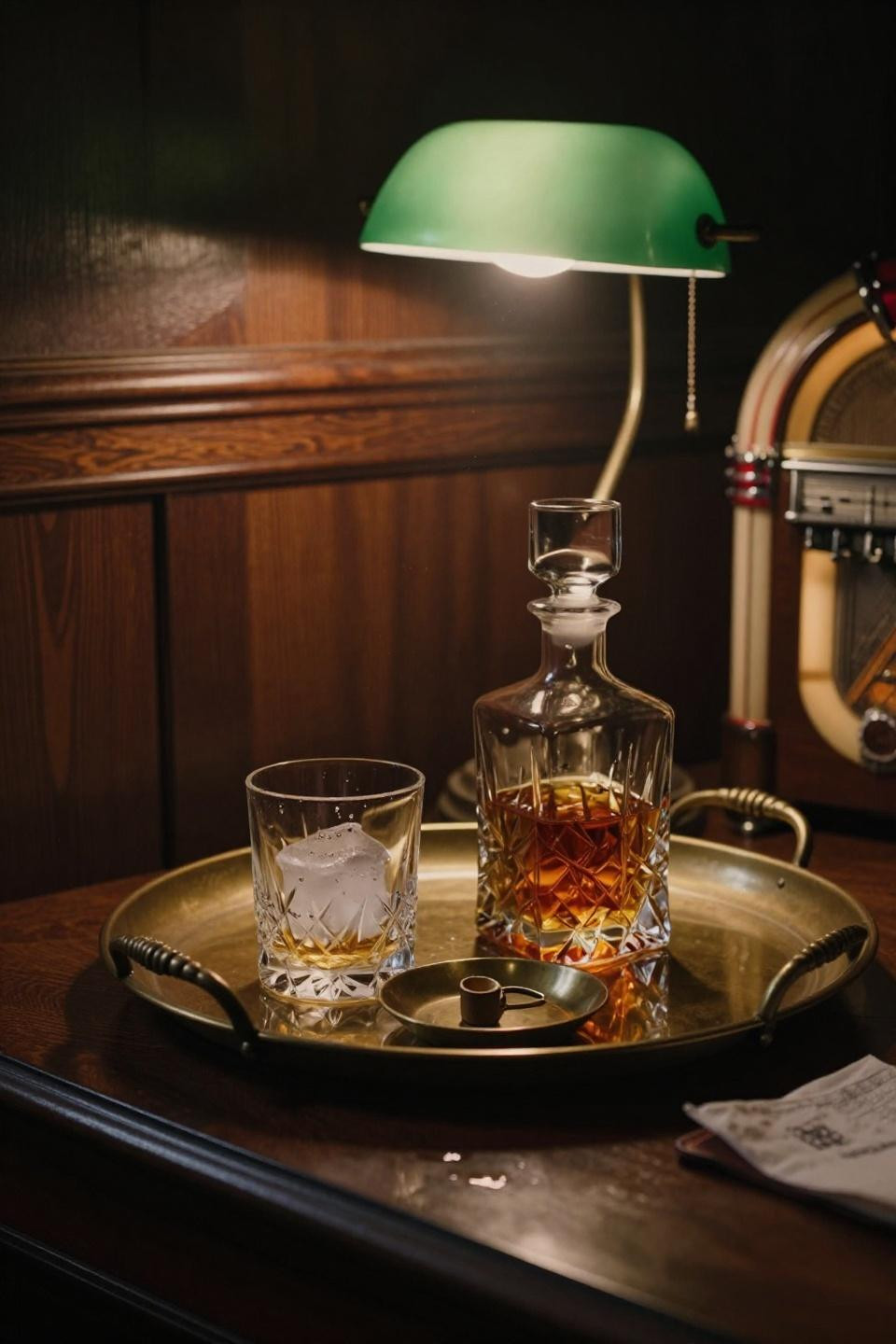 brass bar tray on dark walnut side table with crystal whiskey decanter and vintage desk lamp creating warm ambiance