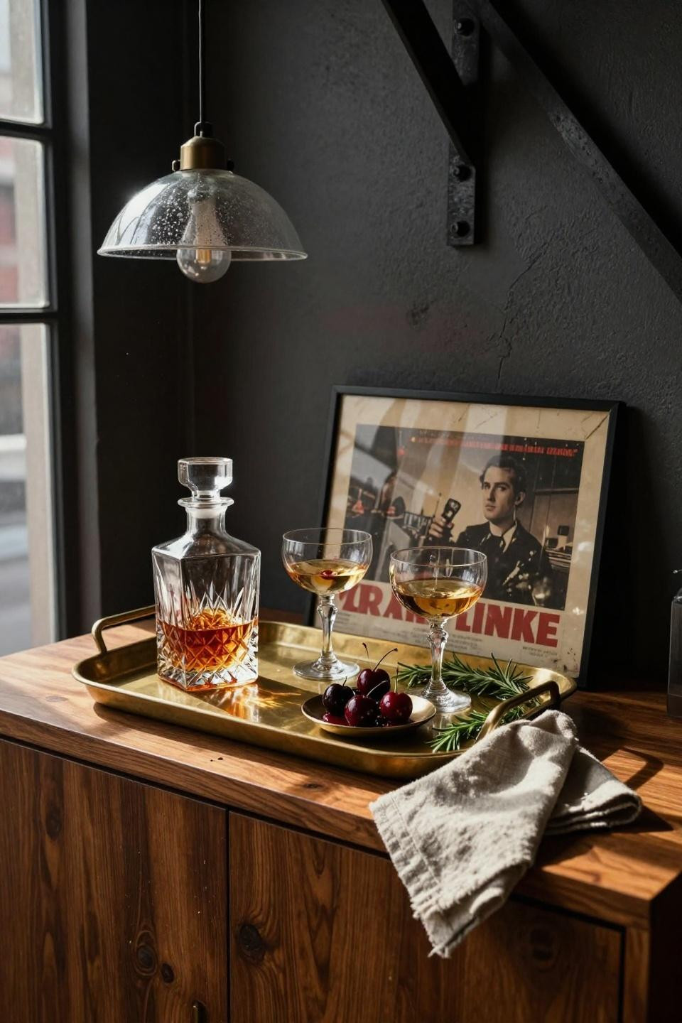vintage bar tray styling on walnut credenza with cut crystal decanter and coupe glasses in moody loft setting