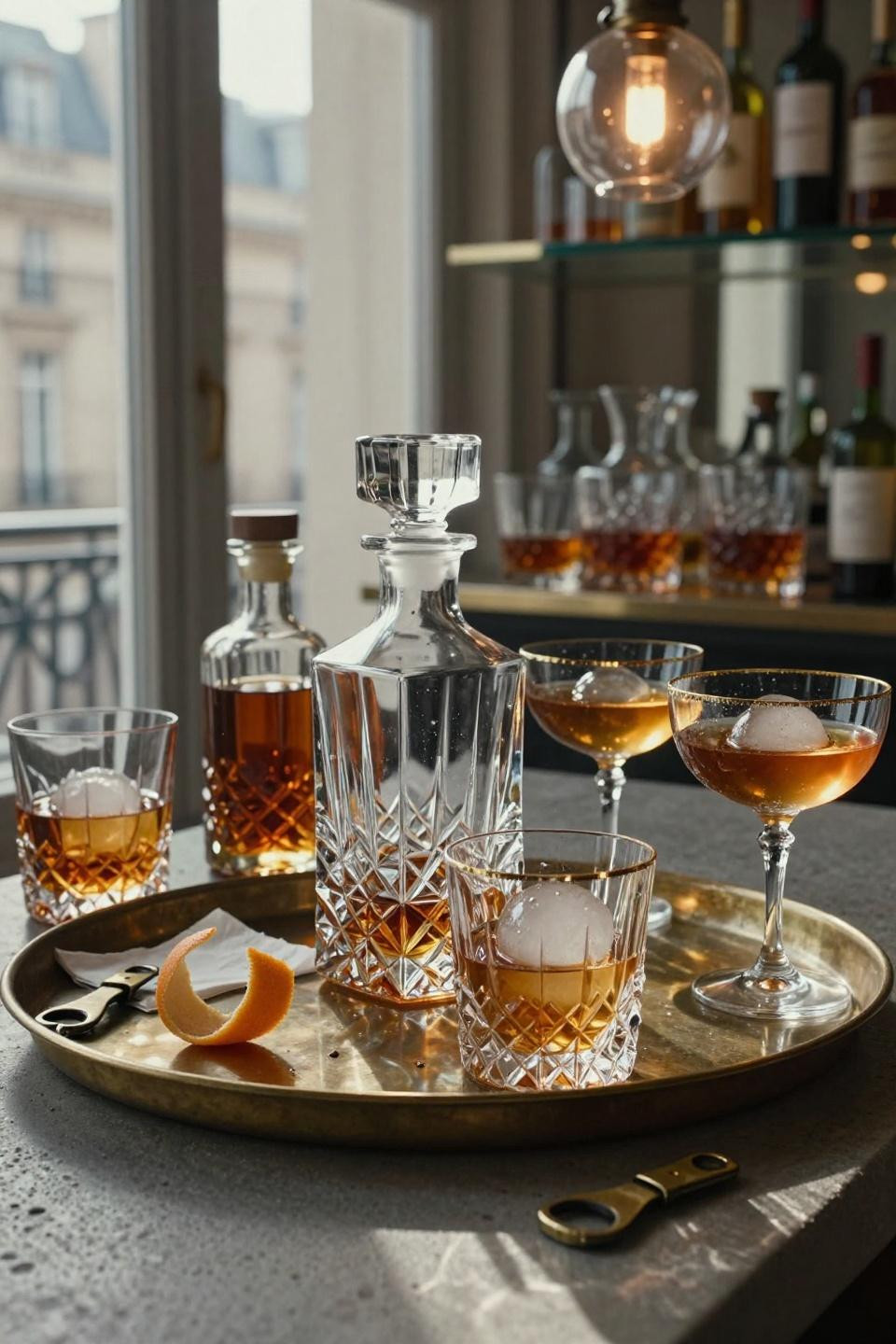 bar tray styling on brushed concrete countertop with mirrored shelf displaying crystal decanters and vintage coupes