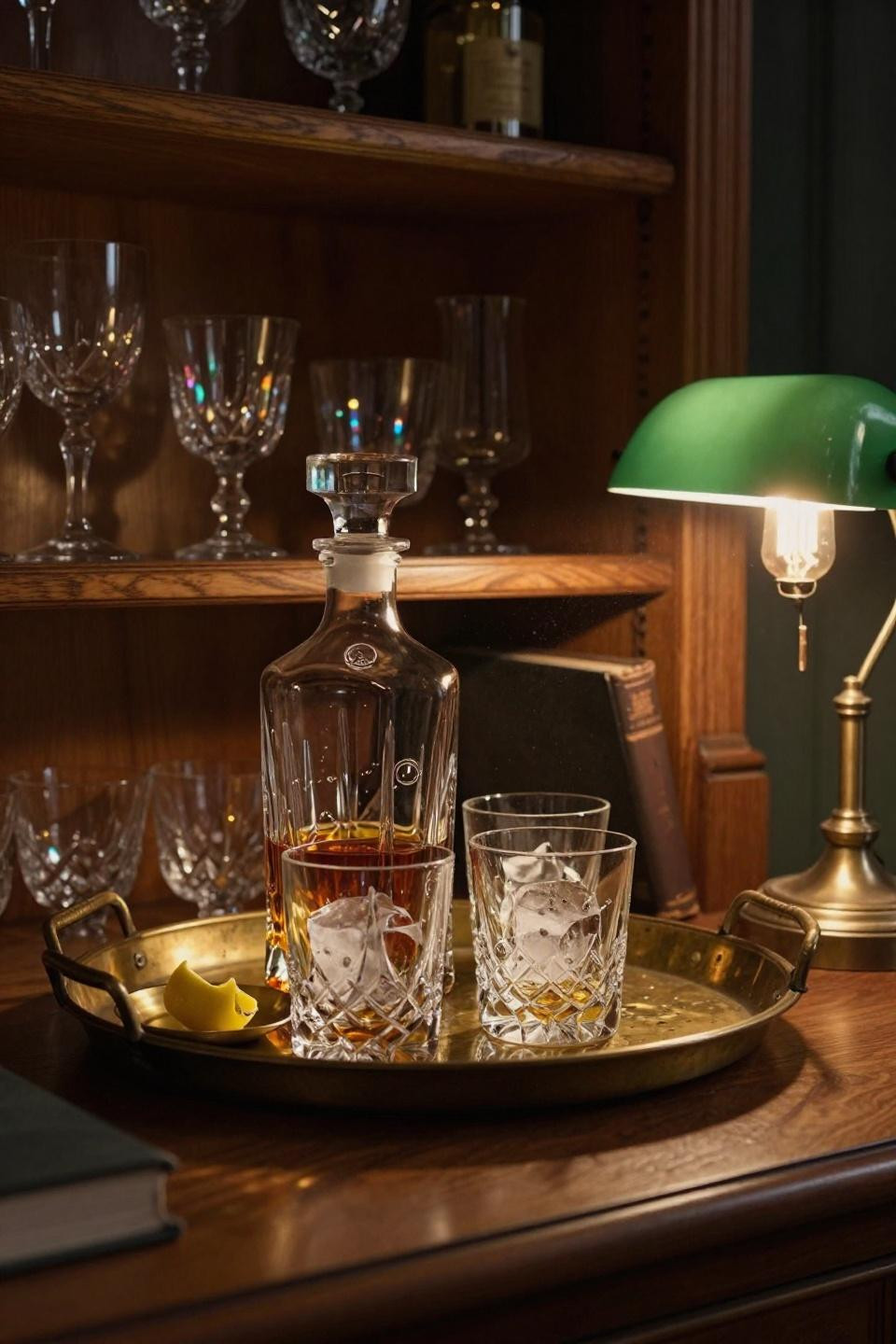 bar tray styling with unlacquered brass tray and crystal decanter on smoked oak built-in shelving with vintage glassware