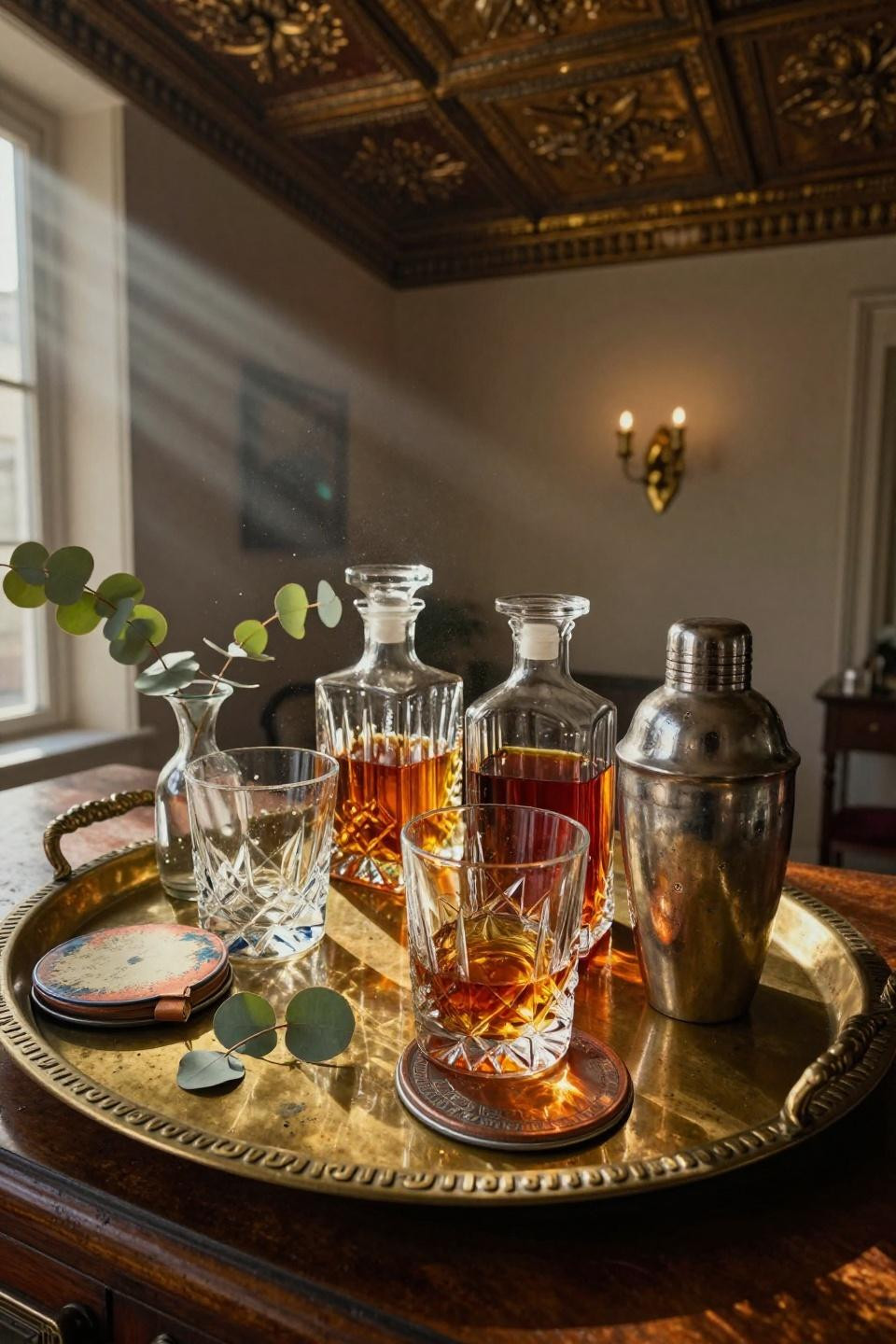 antique hammered brass bar tray with art deco geometric borders on weathered oak console with crystal decanters