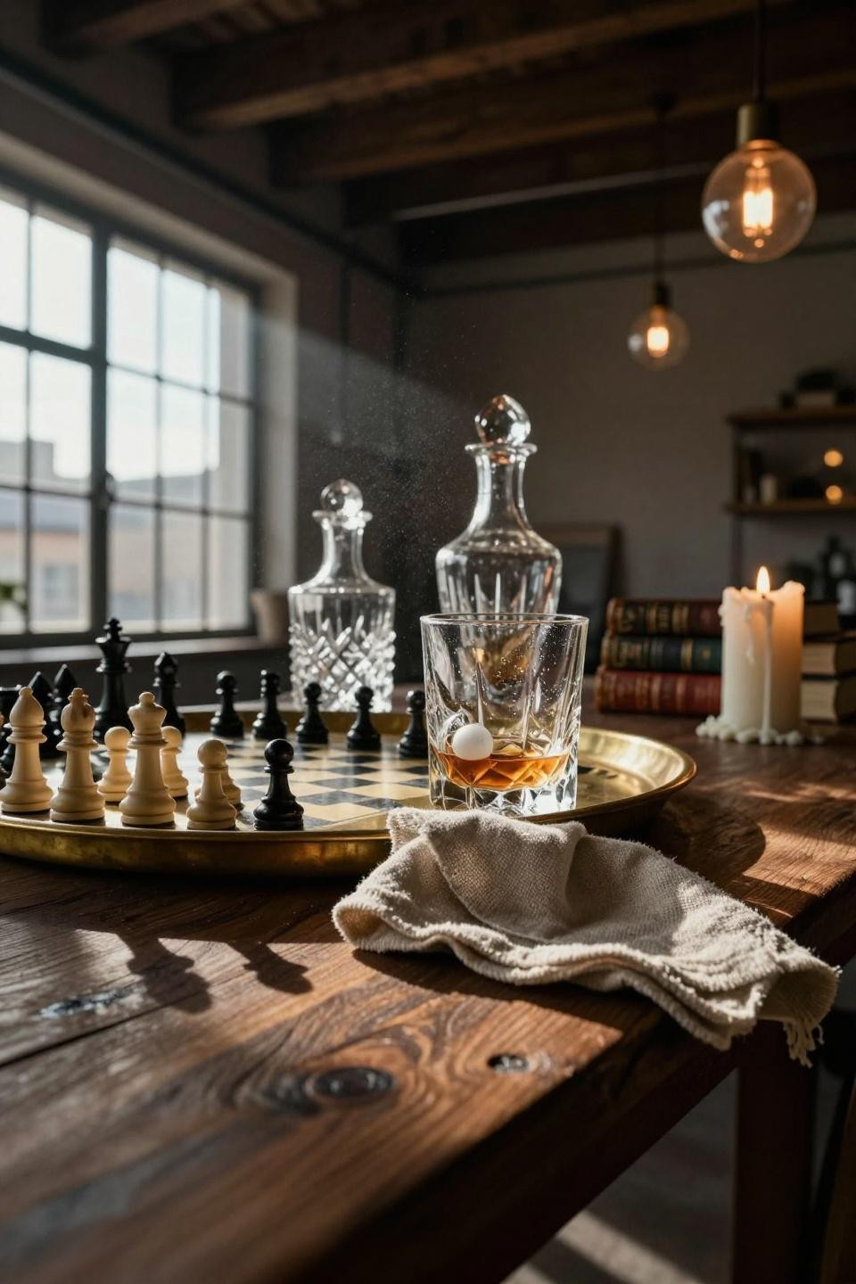 brass bar tray on hand-carved walnut table featuring vintage chess set with ivory and ebony pieces and crystal glass