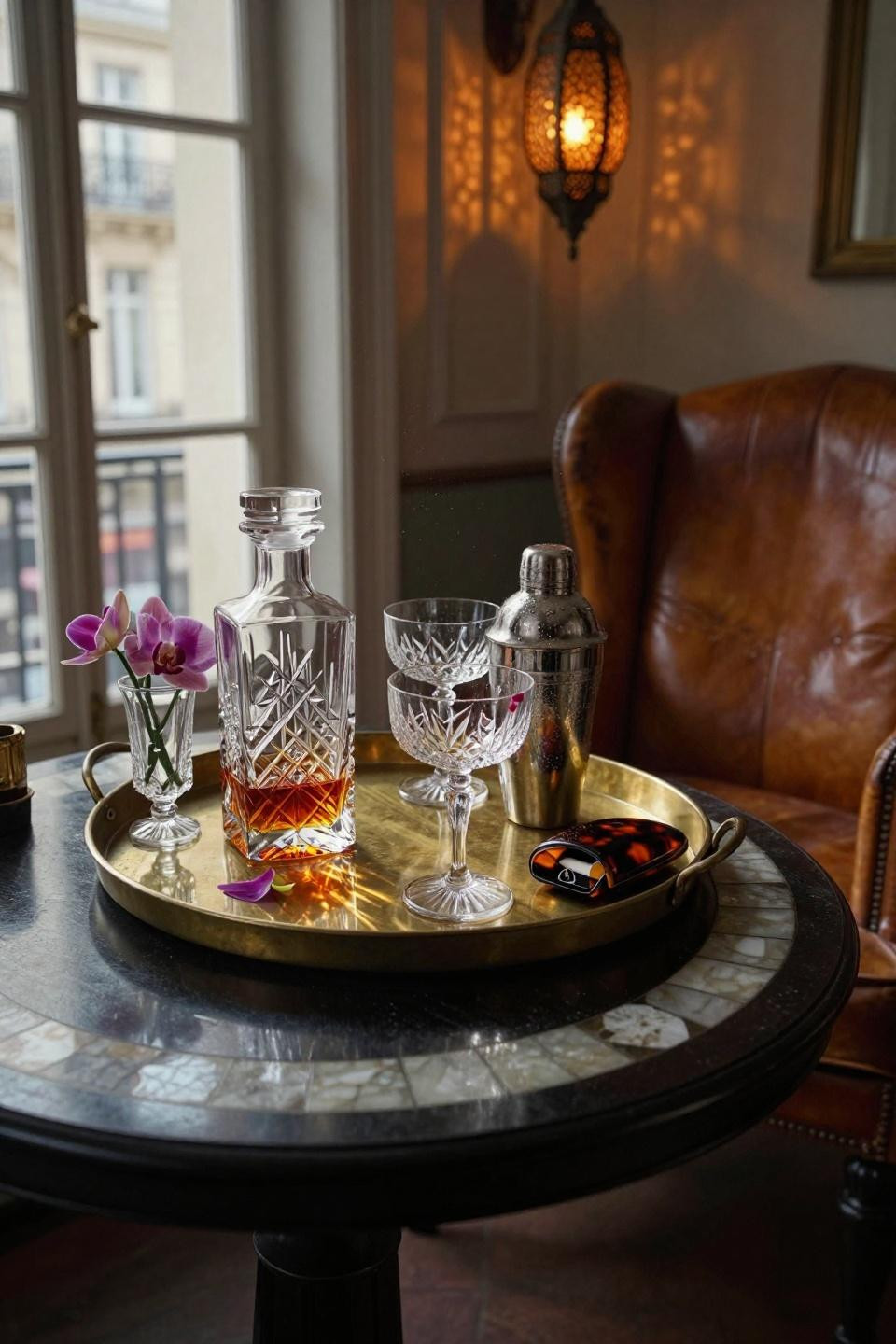 art deco brass bar tray on curved ebony counter with mother-of-pearl inlay and baccarat crystal decanter