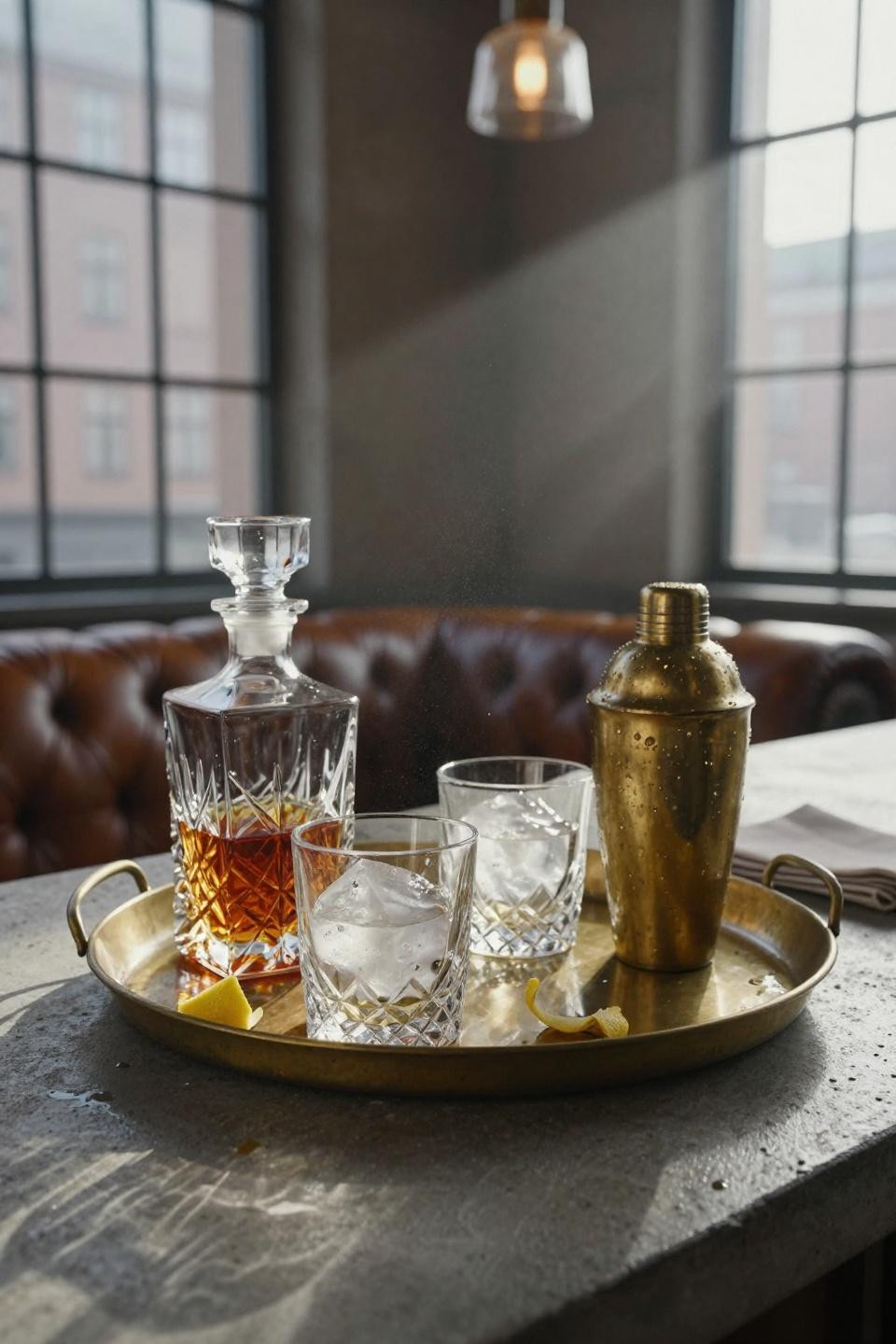 vintage brass bar tray on concrete countertop with cut-crystal decanter and cognac leather chesterfield sofa in warehouse loft