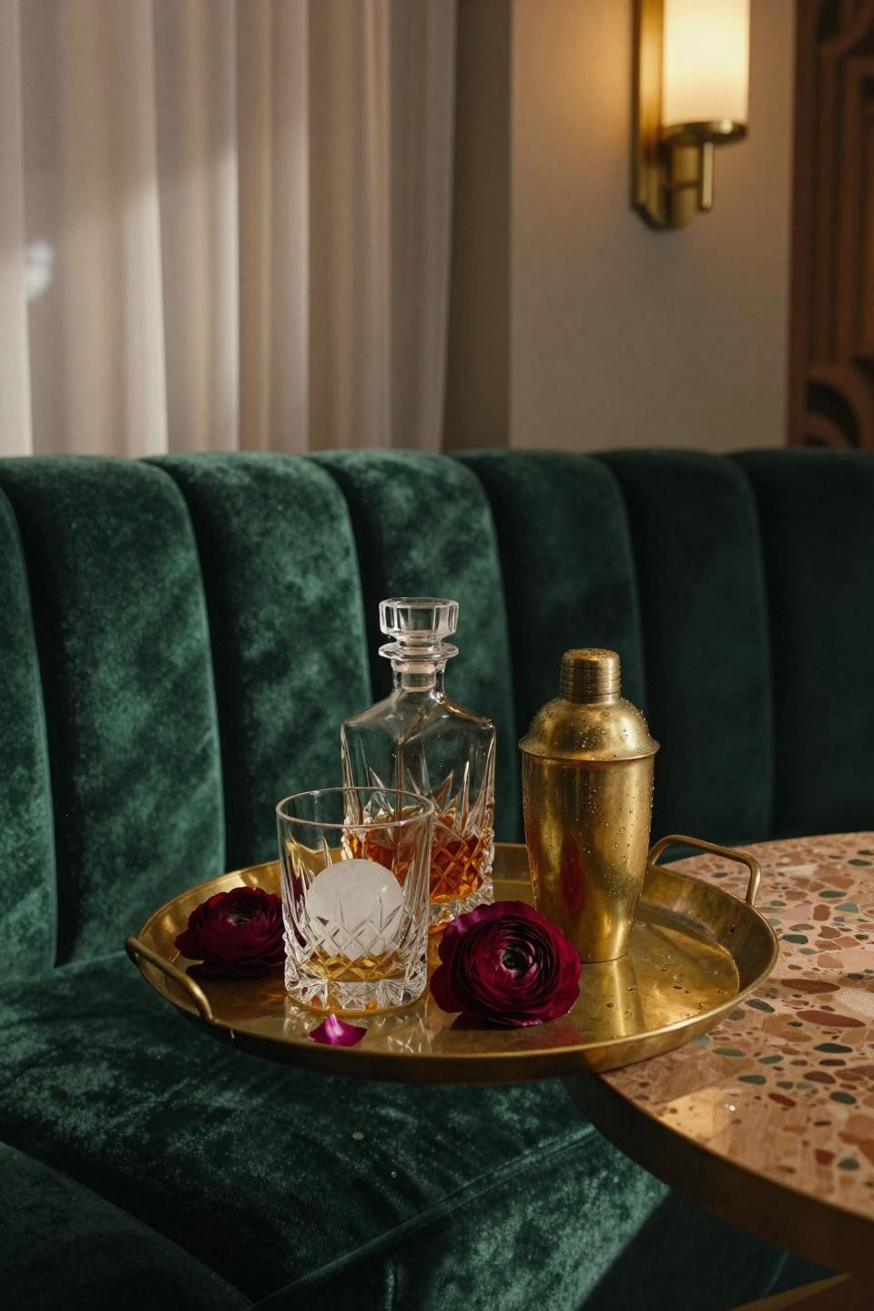 unlacquered brass bar tray on emerald velvet banquette seating with art deco brass wall sconces and crystal glassware